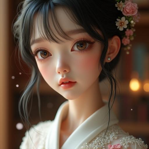 Portrait of an android girl with natural skin texture. Features visible pores and subtle imperfections. Displays realistic lighting and detailed human-like eyes. Hair has individual strands and subtle flyaways. Auxiliary arms appear slender. Robe is light and semi-translucent. Background is a warm library with glowing books.