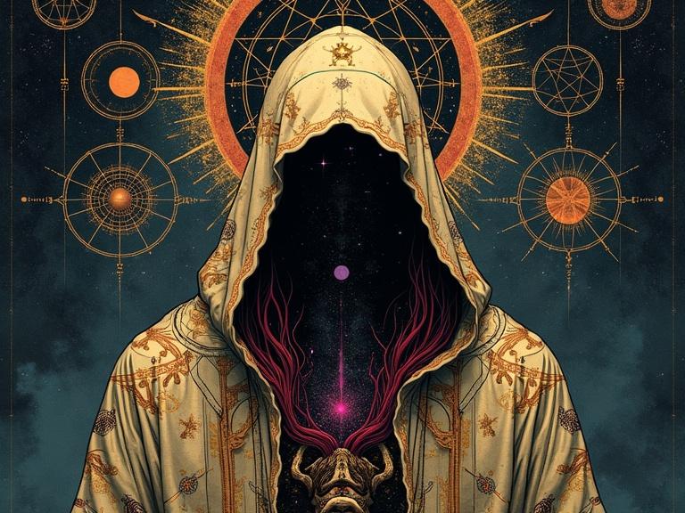 A cosmic entity cloaked in intricate patterns represents mystery and power. The figure's hood reveals a galaxy symbolizing the universe within. Tendril-like appendages emerge in red, black, and purple. A skeletal hand enhances mystique. Surrounded by celestial objects, the figure has a geometric halo, indicating divinity. The artwork blends chaos and symmetry with rich geometric details.