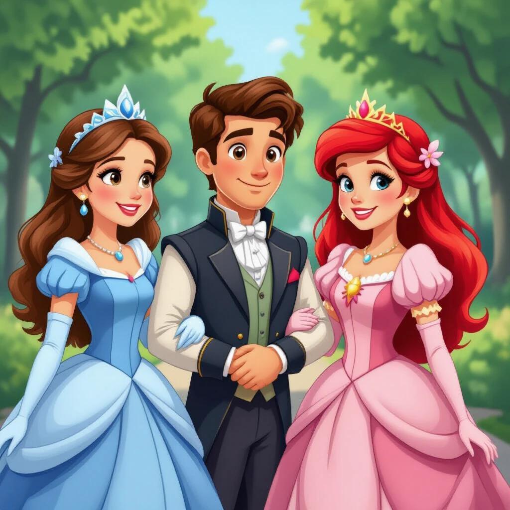 Three characters in royal outfits stand together in a lush park. One character wears a beautiful blue gown. The second character is in a soft pink dress. The third character is in a formal tuxedo. Background is filled with green trees and a sunny sky.
