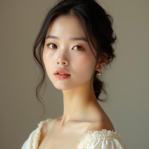 Artistic portrait of a young woman featuring mixed Western and Japanese facial characteristics. Porcelain fair skin with a soft glow. Symmetrical and refined facial features. Almond-shaped warm brown eyes with soft folds. Delicate nose and natural pink lips. Elegant makeup with subtle blush. Serene expression with gentle cleavage under a medieval-style dress. Loose classic hairstyle. Neutral background with soft warm lighting. Highly detailed and realistic.