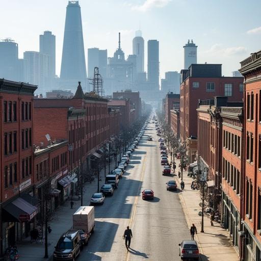 An urban landscape showing a street lined with brick rowhouses and empty parking spaces. In the background, the skyline is visible with modern buildings and a slight haze in the air. This represents the Southside, historically a working-class and industrial area with a blue-collar vibe.