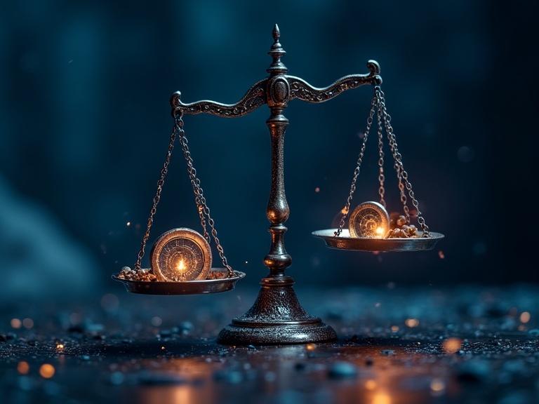 A scale is balancing a privacy lock and data points. Artificial Intelligence is visually depicted watching the scale closely. Dark and moody setting enhances a sense of seriousness about privacy and data integrity.