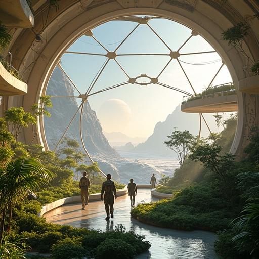 Futuristic space colony on Europa within geodesic dome. Bioluminescent gardens thrive under artificial sunlight. Astronauts in sleek suits walk along curved pathways and tend to vertical farms. Icy landscape of Europa outside. Majestic Jupiter in the sky. Serene atmosphere blending nature and technology. Golden hour lighting.