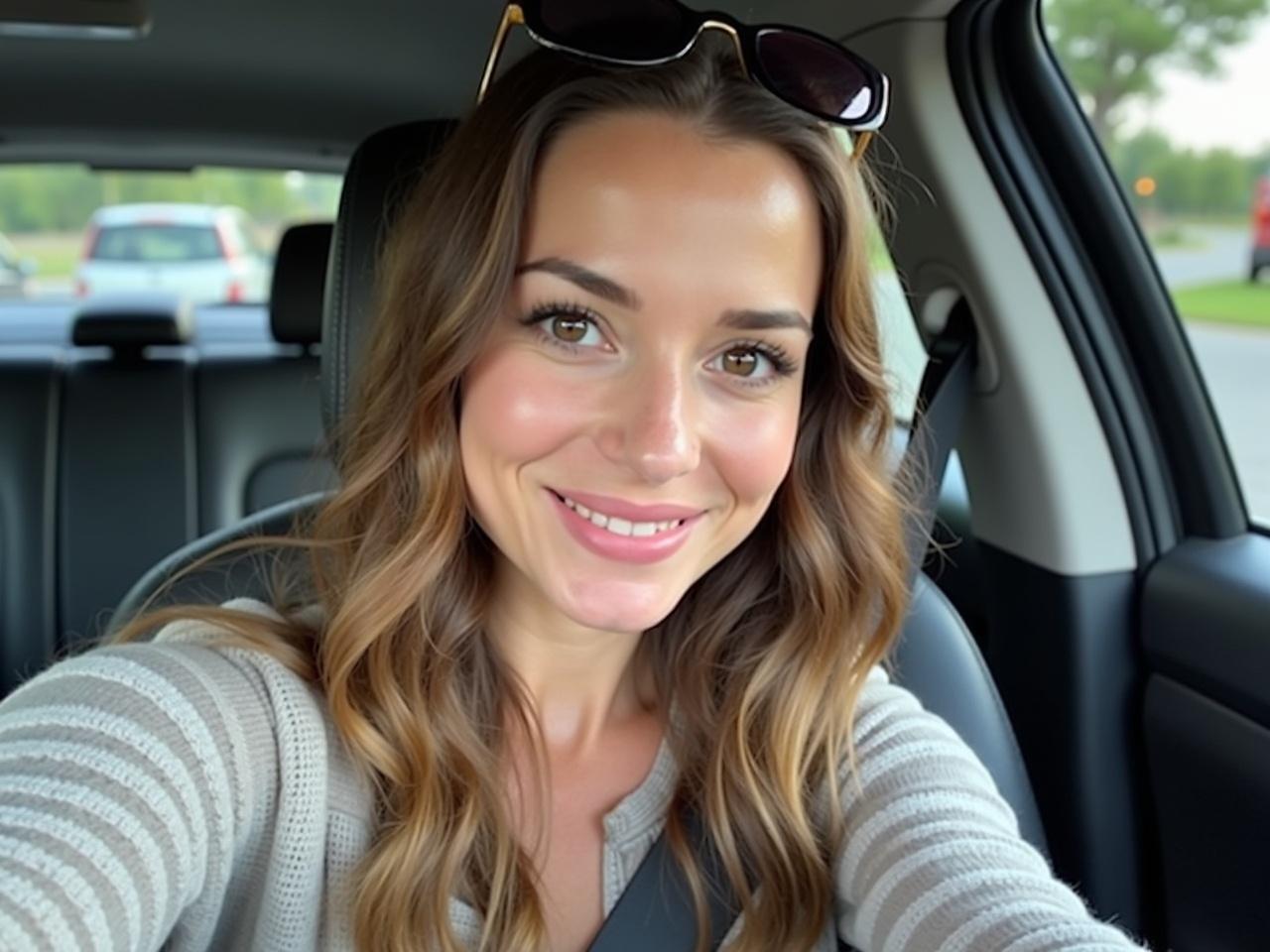 The photo shows a woman with long, wavy hair, sitting inside a car. She appears to be taking a selfie while seated in the driver's seat. The interior of the car is visible, including the steering wheel and part of the dashboard. She is wearing casual attire, and there is a pair of sunglasses resting on her head. The background features a blurred view of the car's interior, indicating that she is likely parked or stopped. The overall atmosphere of the image is relaxed and casual.