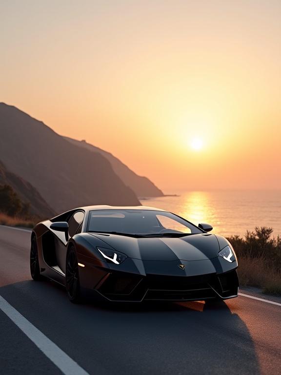 A hyper-realistic sports car parked on a winding coastal road during golden hour with ocean in the background. Image has a cinematic feel with dramatic lighting and high detail. Vertical format, designed for mobile wallpaper, featuring shallow depth of field.
