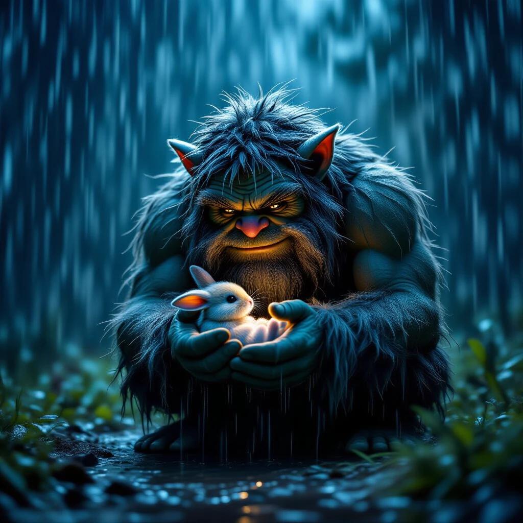 In a torrential storm at night, a hairy troll hunches over a tiny baby bunny in its hand, sheltering it from the rain. The scene is dark with heavy rainfall in vibrant dark colors.