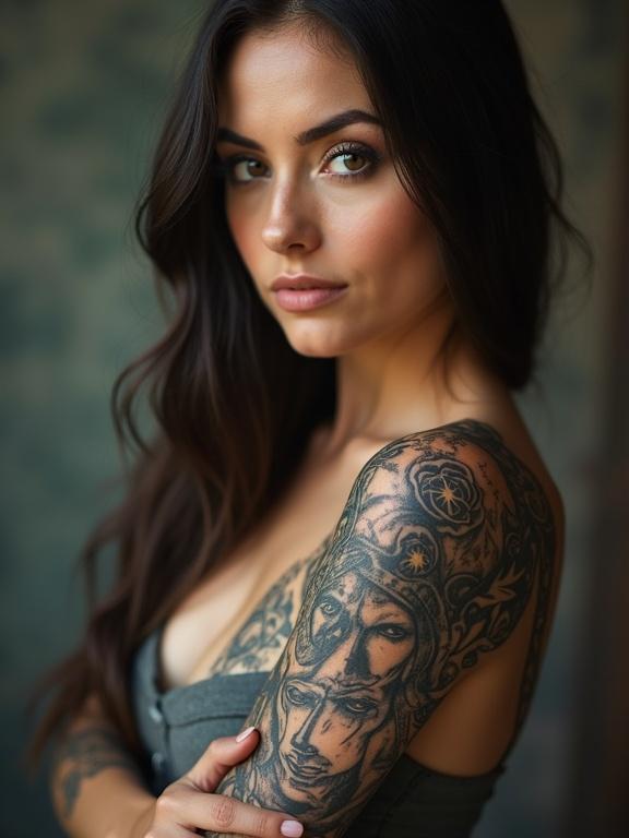 Beautiful woman with fantasy tattoo on her arms. Long dark hair. Natural skin tone. Elegant expression. Soft lighting enhances tattoo details.