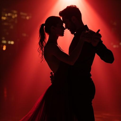 A couple dances together in a romantic and intimate setting. The scene is illuminated by a red spotlight, creating a dramatic atmosphere. The female dancer wears a flowing dress while the male dancer is elegantly dressed. The connection between the dancers is palpable, showcasing the sensuality of zouk dance.