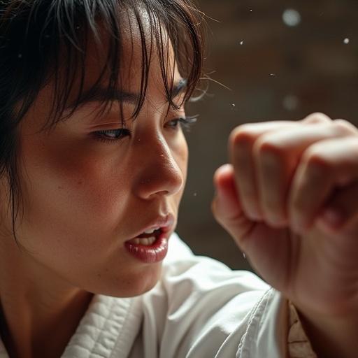 Dramatic close-up shot shows a female karate fighter in the midst of action. The focus is on her clenched fist as she experiences the impact from a kick. Captures the intensity and energy of martial arts combat.