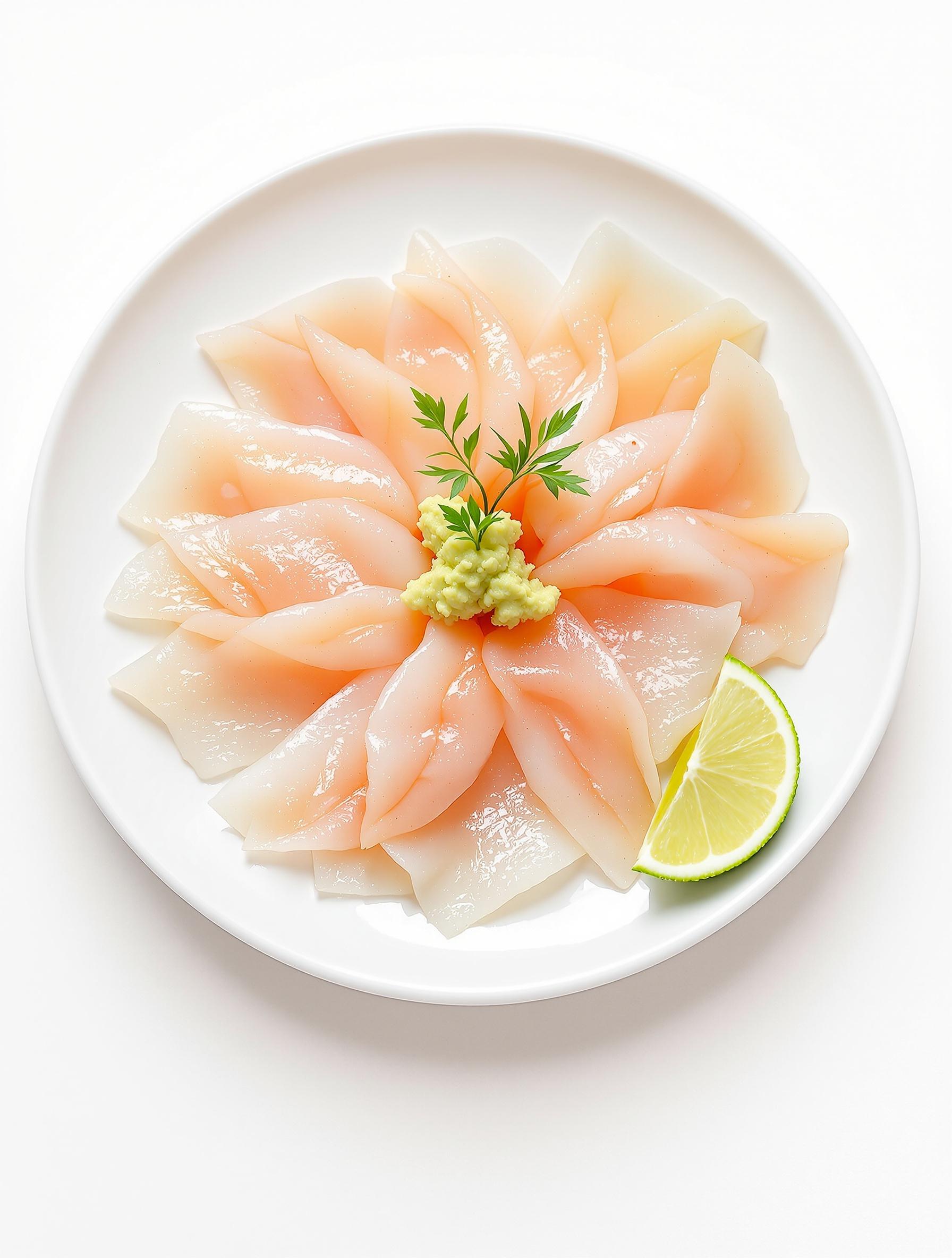 Sliced pink prawn sashimi arranged in a circular pattern on a white plate. Garnished with wasabi, lime slice, and microgreens. White background enhances the dish's presentation.