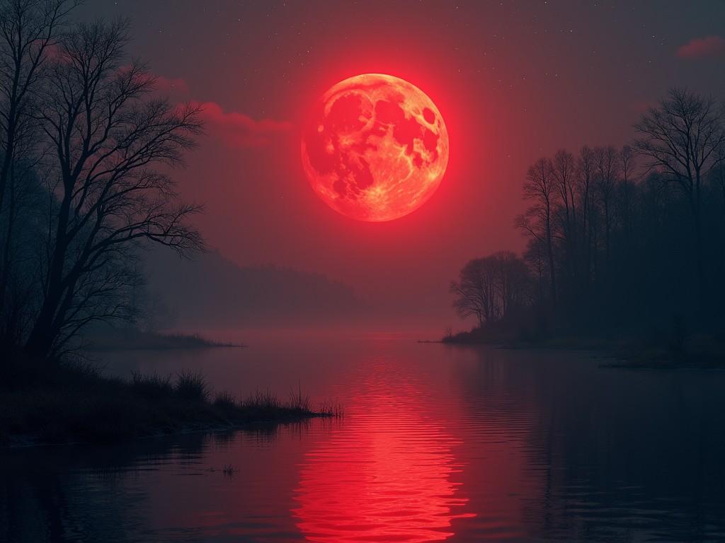 A breathtaking visual of a blood moon shining brightly over a quiet lake. The moon appears unusually large and glowing red, casting a haunting reflection on the still water. Trees stand silhouetted along the banks, shrouded in mist. The overall atmosphere is dark and moody, enhancing the mysterious allure of the scene. The environment evokes a sense of tranquility mixed with a hint of eeriness.