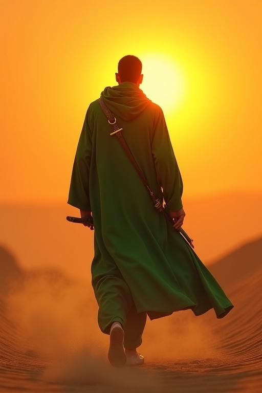 A Muslim man departs from the viewer against an orange desert sunset. He wears a green cloak and has a sword at his side. His face is not visible, robe flowing with the breeze. Sand particles rise from his steps. The imagery conveys themes of leaving behind ego and embracing humility and peace.
