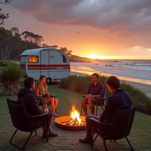 Four people sit on chairs around a round fire pit. A vintage caravan with a red stripe is in the background. Scrub trees behind the group and caravan. Beach with rock pools and waves in the background. Stormy sunset sky. Cool atmosphere.