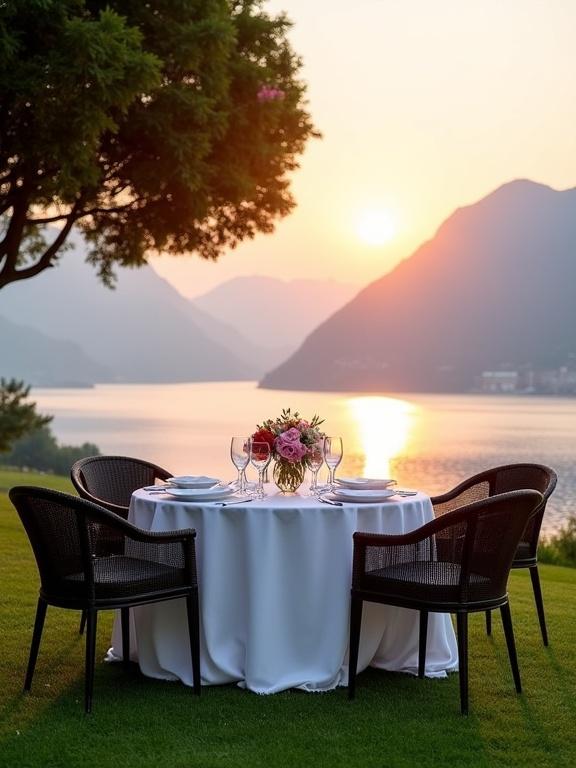 Elegant outdoor dining setup on green lawn by serene lake at sunset. Features round table with white cloth, fine dining tableware, colorful floral centerpiece, and dark modern chairs. Surrounded by mountains and a large tree.