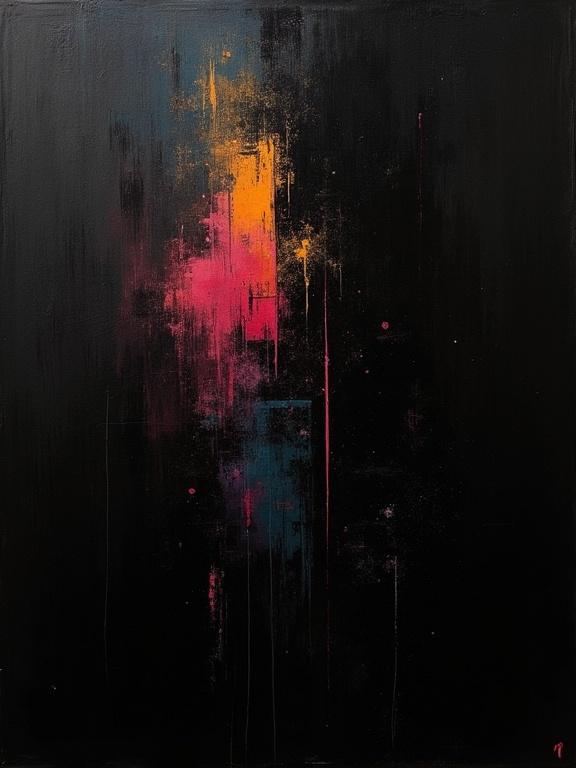 Digital oil painting features a black background with harsh paint strokes. It combines cubist and unfinished artistic elements. It showcases flat colors with a dynamic silhouette design in a minimalist style. Repeating voids resemble film negatives are present in the artwork.