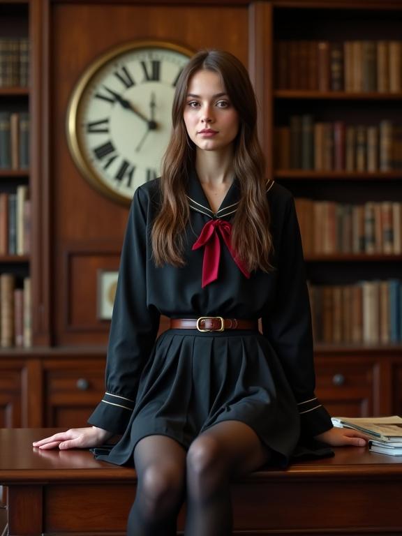 Photograph of a young woman sitting on a wooden desk in a library. Medium close-up at eye level. Canon EOS 5D Mark IV. 85mm lens. f/1.8. 1/200s. ISO 400. High aesthetic quality. Artificial lighting. Warm tones. Rule of thirds. Leading lines from clock and books. Depth of field with background slightly blurred. Vantage height at eye level.