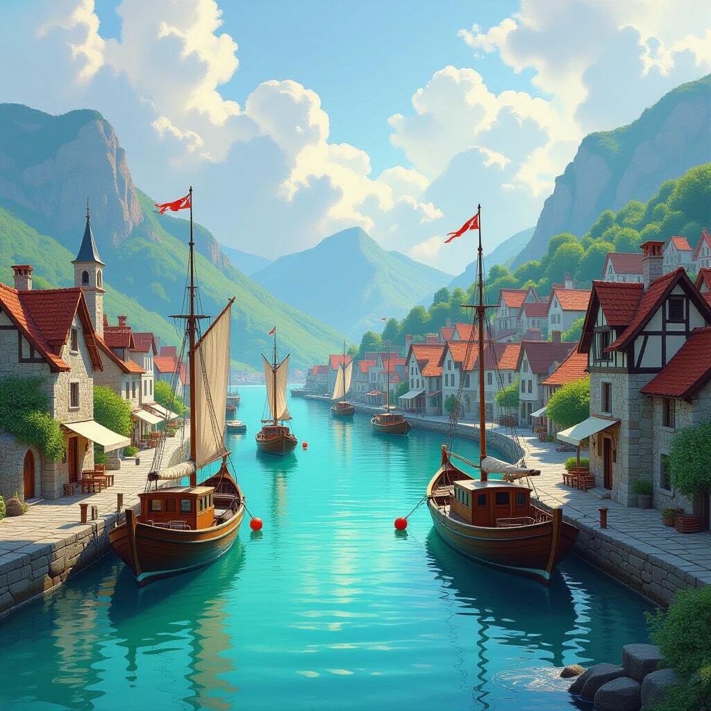A fantasy harbor town on a flat coastline. Idyllic setting with wooden sailing vessels. Rich textured oil painting style. Warm golden light. Bustling harbor filled with fishing boats. Backdrop of rolling green hills. Misty blue-gray skies. View from calm turquoise sea. Weathered stone buildings. Half-timbered houses. Fluttering pennants and billowing sails. Salty sea air with whispers of tales. Subtle scent of sea salt and fish markets.