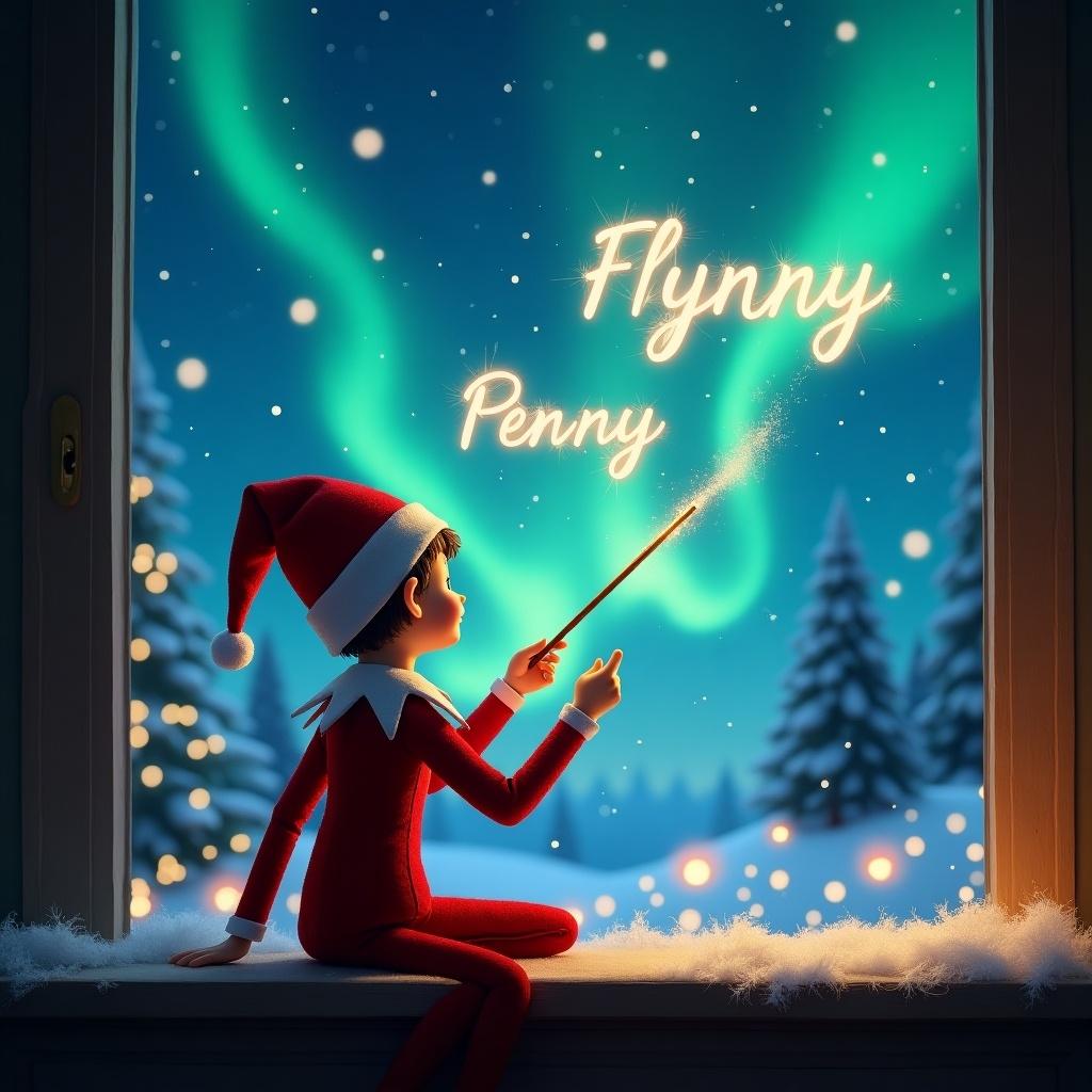 Elf facing the sky with a wand. Magical Christmas scene. Northern lights background. Santa visible. Writing Flynn and Penny in the sky. Whimsical atmosphere.