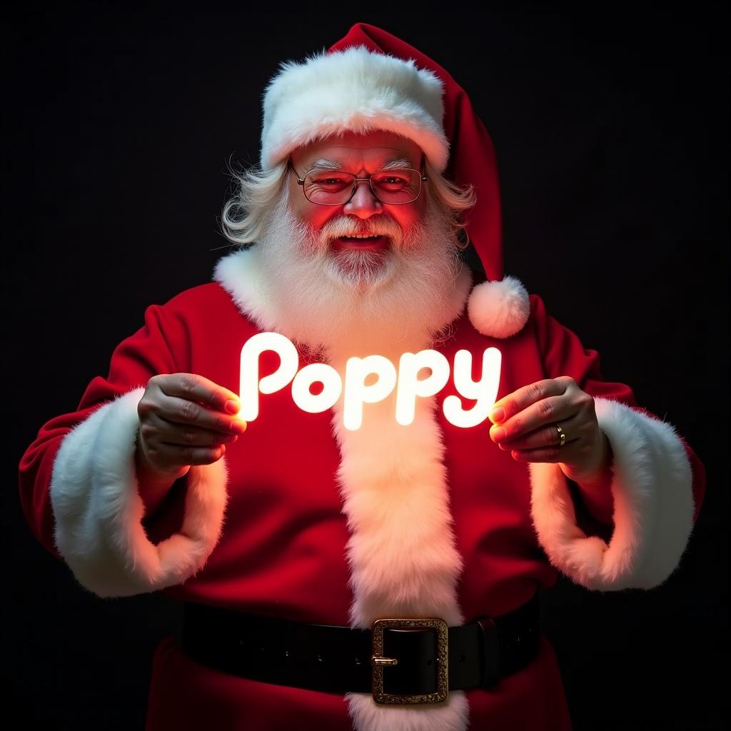 This image features Santa Claus dressed in his iconic red and white suit, bringing festive cheer. He is holding a glow stick that lights up the name 'Poppy', which stands out brightly against the dark background. Santa's jolly expression radiates warmth and happiness, embodying the spirit of Christmas. The dark backdrop enhances the glowing text, making it even more captivating. This scene perfectly encapsulates the joy and magic of the holiday season.