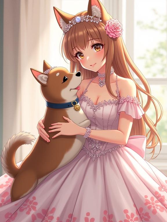 Anime style illustration featuring a girl in a pink wedding dress holding a Shiba Inu dog. The girl embraces her pet in a bright, cheerful setting. Soft colors and warm light highlight the joyful bond. Intricate details adorn her dress and accessories.