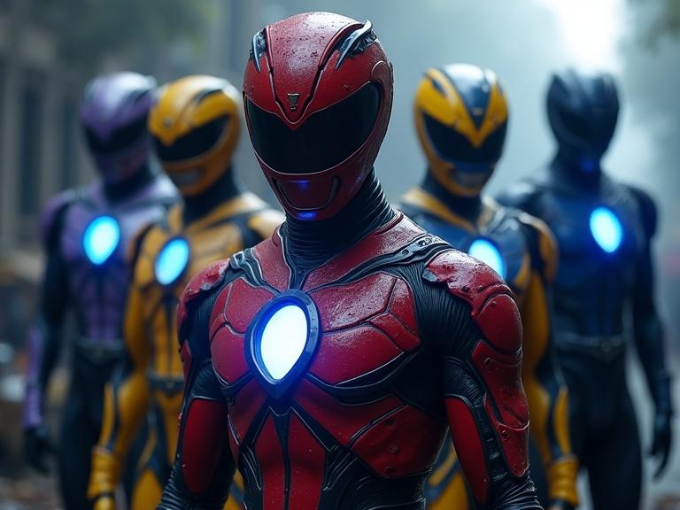 Dark cinematic scene featuring five young Power Rangers. Characters include red, blue, yellow, black, and light purple rangers. Detailed exo armor with glowing holes and LED elements. Shadows create a moody atmosphere on a cloudy street.