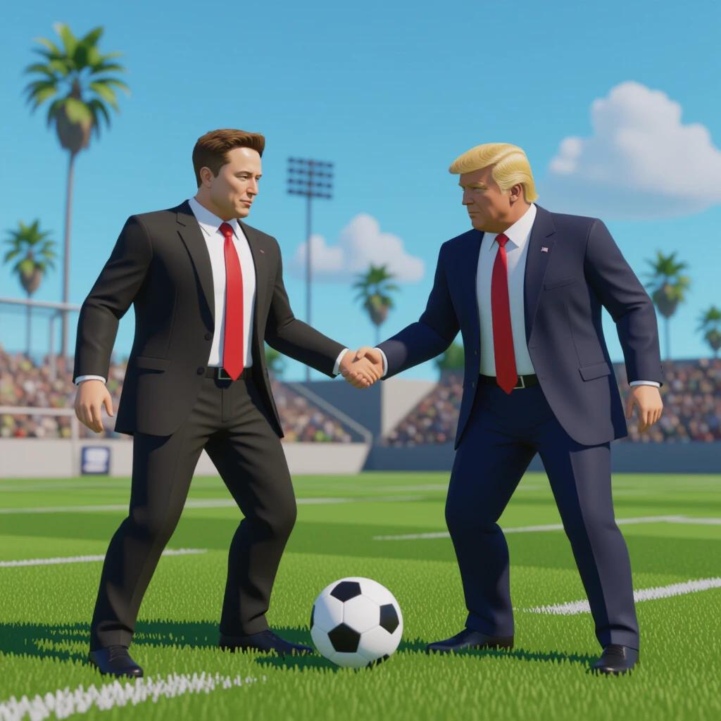 Elon Musk and Donald Trump depicted as cartoon characters playing football in a vibrant stadium setting. They are shaking hands over a soccer ball, with enthusiastic crowds in the background.