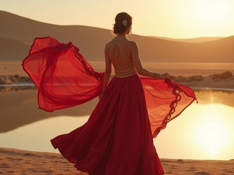 Bollywood model strikes a full pose wearing a backless lehenga. The lehenga is deep red with golden embroidery. Model stands by a reflective desert oasis. Sunlight filters through a flying dupatta. Captured in cinematic 8K detail.