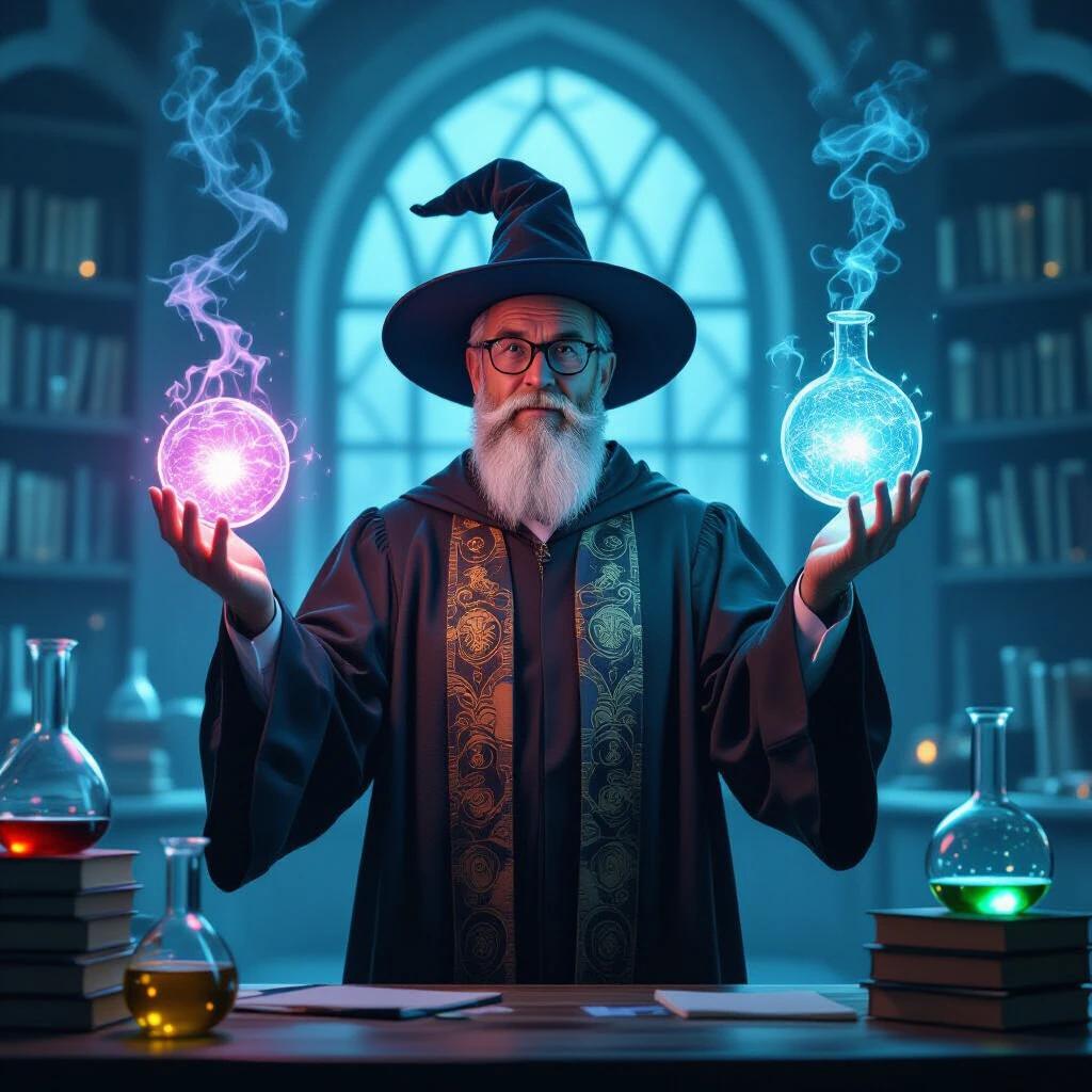 A figure in a wizard robe stands in a mystical laboratory. The figure holds two glowing potions. One potion is purple, and the other is blue. Shelves filled with books surround the figure. Mysterious smoke emanates from the potions.
