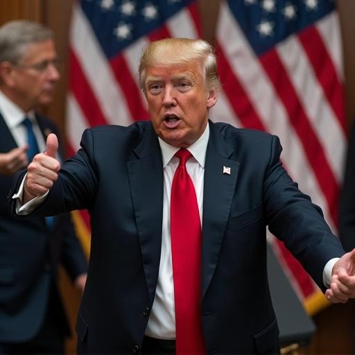 A person speaking passionately with hand gestures in front of flags. A diverse group of individuals visible in the background. Indoor setting with bright lighting.