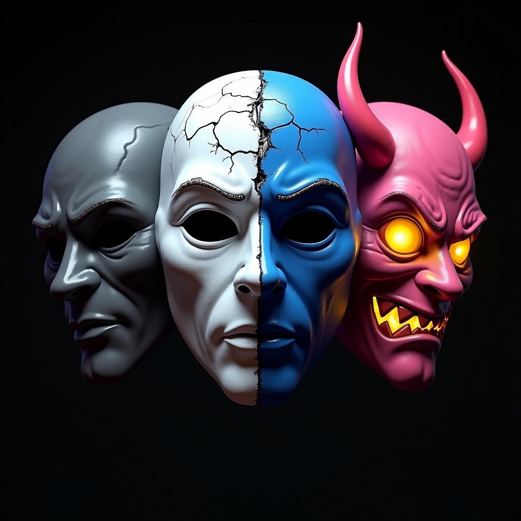 Three stylized dramatic masks show different emotional states. The left mask is grayscale with a melancholic expression. The middle mask has a cracked white side and vibrant blue side displaying dual emotions. The right mask combines pink and orange with glowing yellow eyes for a fierce energy. Textured surfaces imitate weathering effects. Deep black shadows enhance dramatic forms. Dark background creates theatrical atmosphere. Visual style is painterly digital art with surrealism and dark fantasy influences. The perspective is direct and close to the masks.