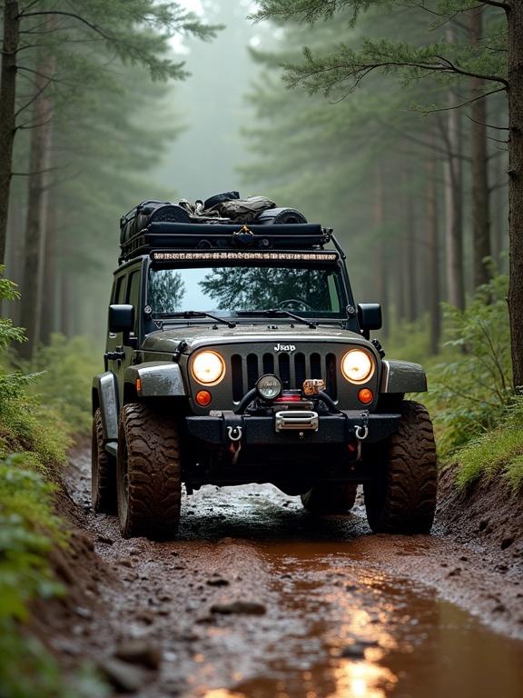 Jeep drives down a muddy forest road. The vehicle is loaded with gear. Mist surrounds the area. Tall trees in the background.