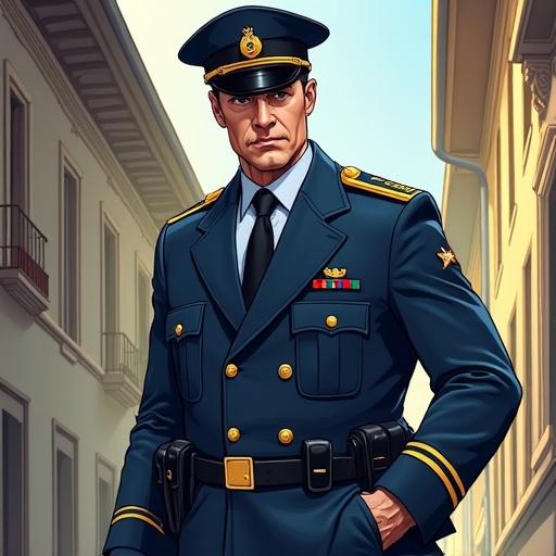 Character of a police chief in a comedic fantasy book. Tall figure in a crumpled uniform, anxious and distracted. Gentle yet formal authority, forgetful and late for his first official oath.