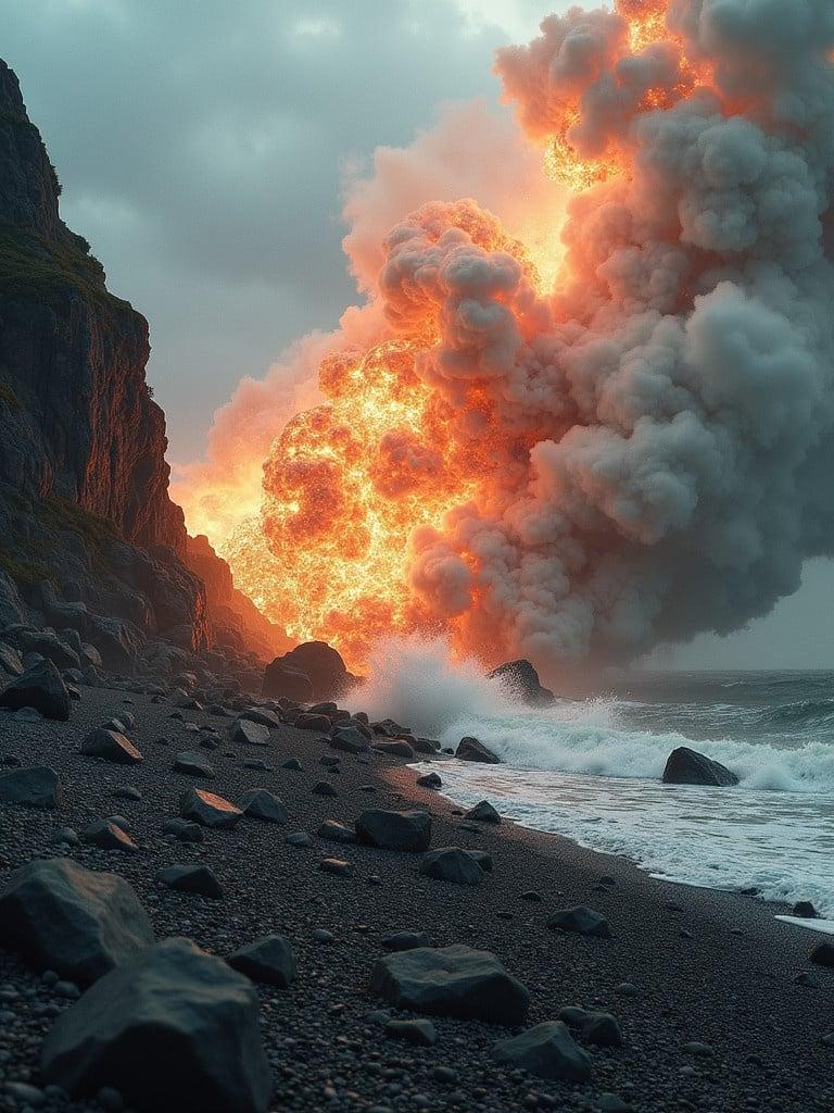 Dynamic scene of volcanic explosion on a rocky beach. Flames and smoke billowing into the sky. Water crashing against the stones. Captures nature's raw power and intensity.