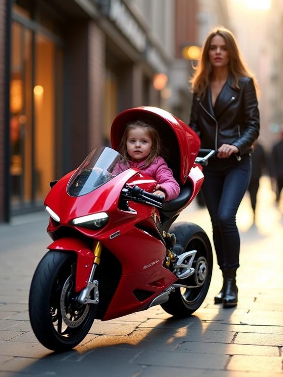 Realistic vertical image of a luxury baby stroller inspired by Ducati Panigale sports bike. Slim aerodynamic body features carbon fiber textures. Dual exhaust pipes integrated into the design. LED headlight bar present. Baby canopy in pink and red hues. A child inside wears a pink faux leather jacket and racing gloves. Stylish mother in modern leather jacket and boots pushes stroller in designer shopping street. Urban reflections captured during golden hour lighting.