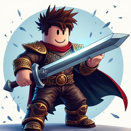 Create an icon for a Roblox ARPG game. Character with brown hair and a smile. Wielding a large sword. Dynamic pose with a flowing red cape. Vibrant color scheme with detailed armor highlighting. Background includes a circular design. Emphasis on action and adventure.