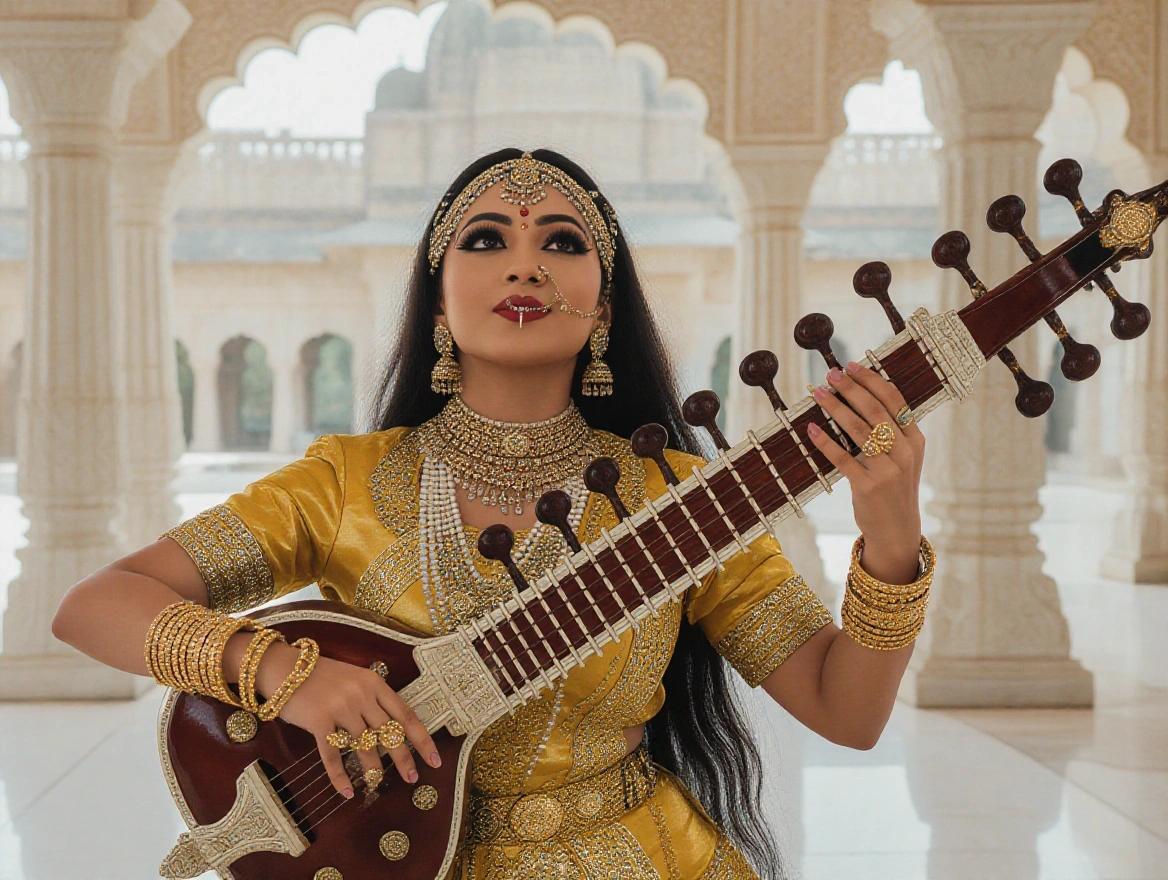 A performer in Indian classical dance attire plays a stringed instrument. Costume features gold embellishments and intricate beadwork. The subject tilts back their head, showcasing long hair and elaborate jewelry. Background shows a grand palatial interior with pillars and arches, softly blurred. Dramatic dim lighting highlights gold details. Atmospheric setting suggests a royal court performance.