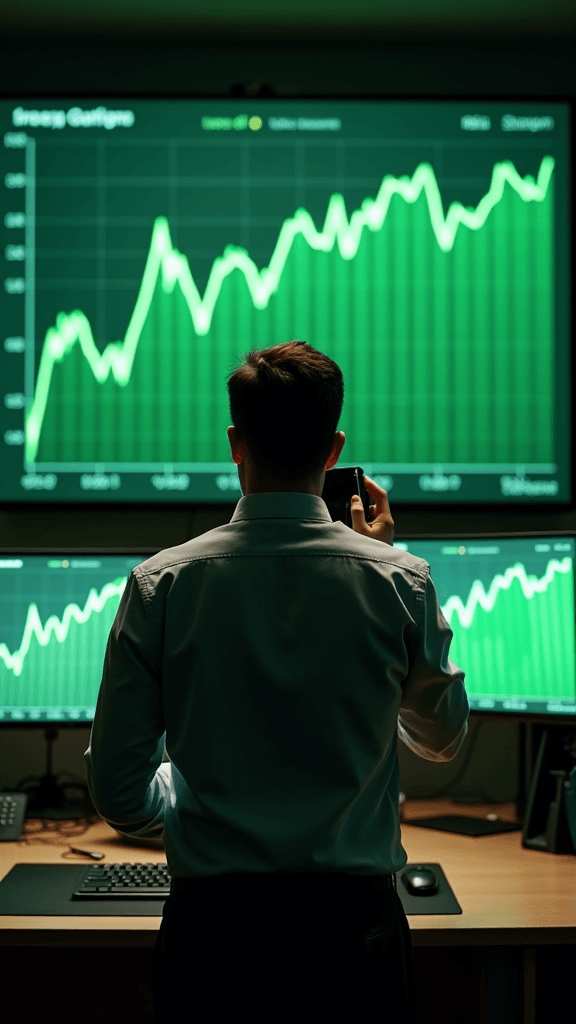 A person stands in front of two screens displaying stock market graphs.