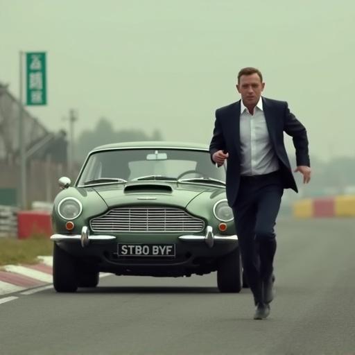 James Bond in a suit is running on a racing circuit. Aston Martin is behind him. Comical action pose.