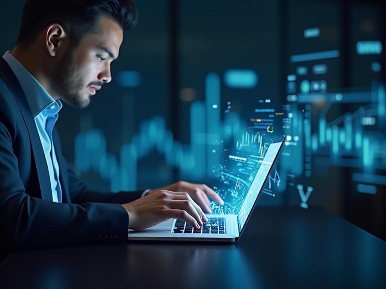 A creative shot of a man using a holographic laptop. Background features glowing stock charts and data visualizations. Represents mobile banking and investment.
