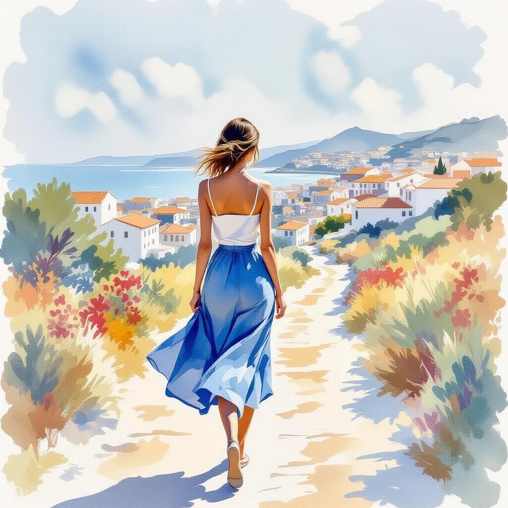 Watercolor painting of a woman walking with a blue skirt. Coastal landscape in the background. Style reflects Inessa Garmash and Paul Hedley. Color scheme includes light bronze and white with layered compositions.