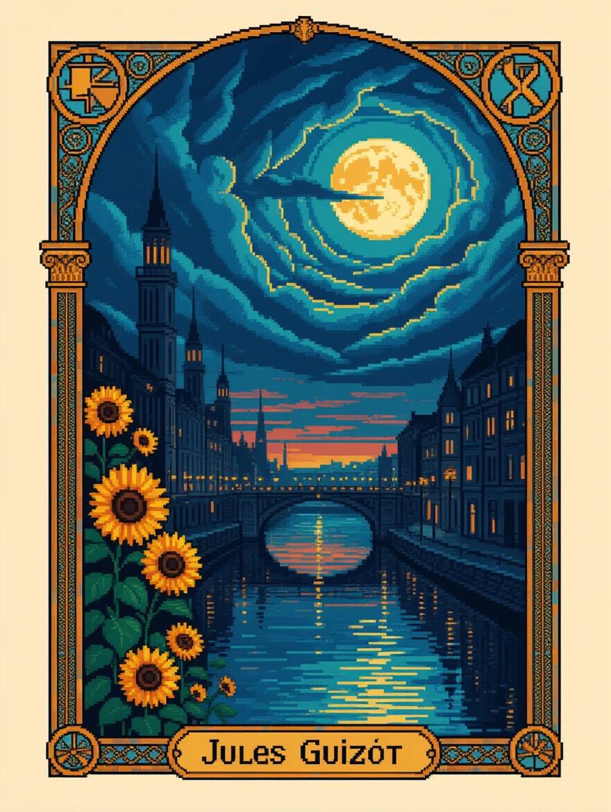 Art Nouveau inspired illustration of Jules Guizot features pixel art with a blend of realism and fantasy. Dark ochre sunflowers grow beside a bronze cityscape. Water reflects dark cerulean and navy blue tones. The ominous night sky is portrayed with a light gold moon and muted cobalt shades. This precisionist art has a mosaic graffiti style.