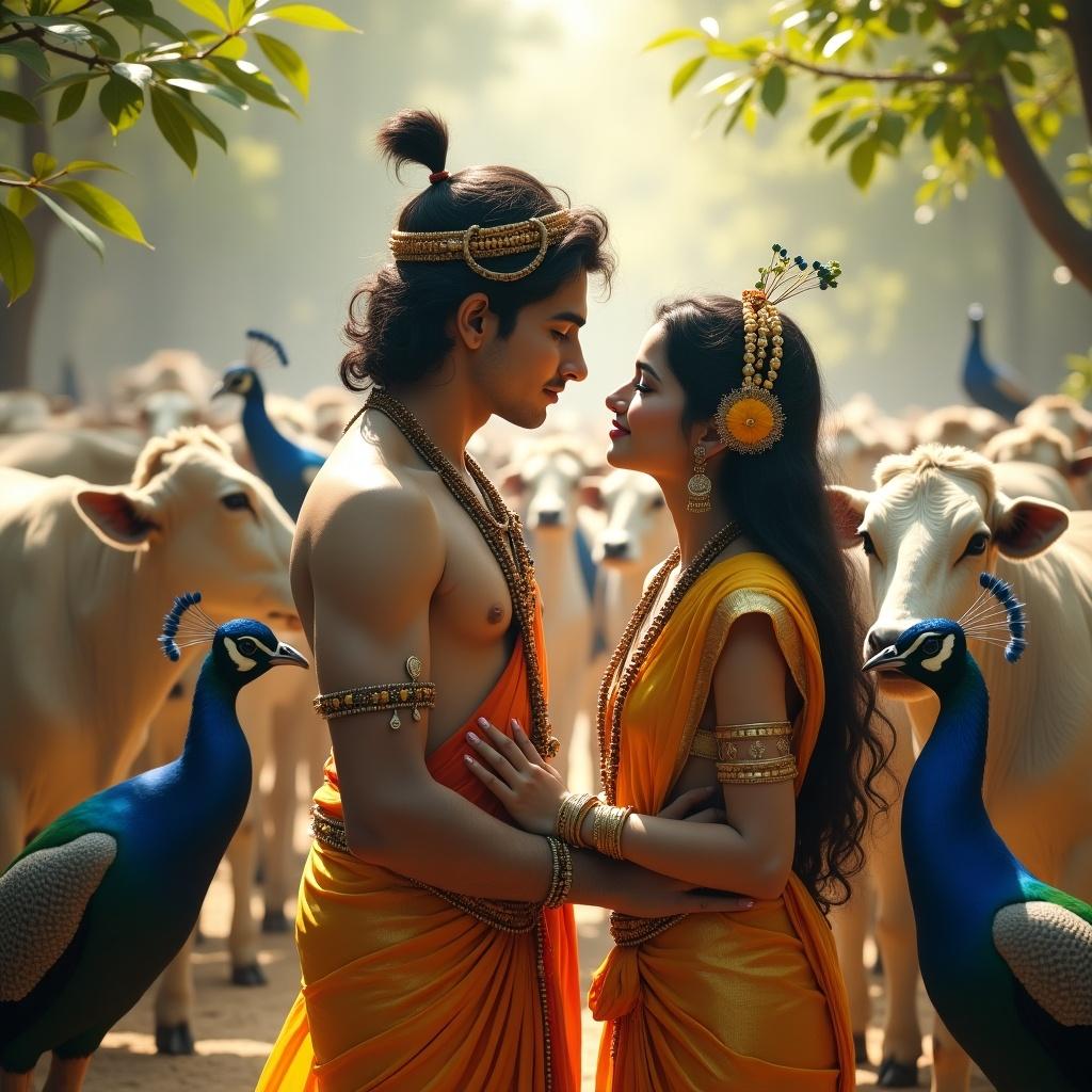 Illustration of Krishna embodying love surrounded by cows and peacocks. Romantic ambiance among nature.