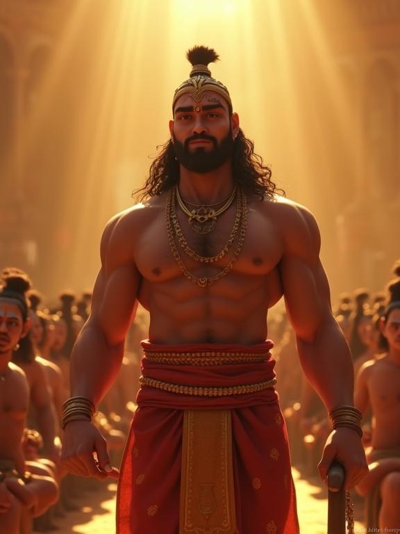 Epic India mythological scene featuring Bhima standing proud in royal audience area. Muscular warrior dressed in traditional attire. Mace resting by his side. Watching Arjuna’s archery with admiration. Crowded background cheering. Warm sunlight illuminating Bhima's face. 3D animation style.
