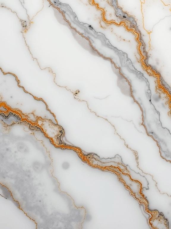 A close-up view of a marble texture featuring beautiful veins and swirls. The marble shows white and grey tones with orange and black veins. The image captures the elegance of natural stone.