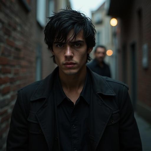 Full figure shot of a young Turkish male with thick black hair standing in a dimly lit alleyway in Istanbul. The setting features gritty bricks and a moody atmosphere. An older male stands behind him in a menacing pose. The young man has dark brown eyes and displays an expression of worry and fear. The lighting creates strong contrasts.