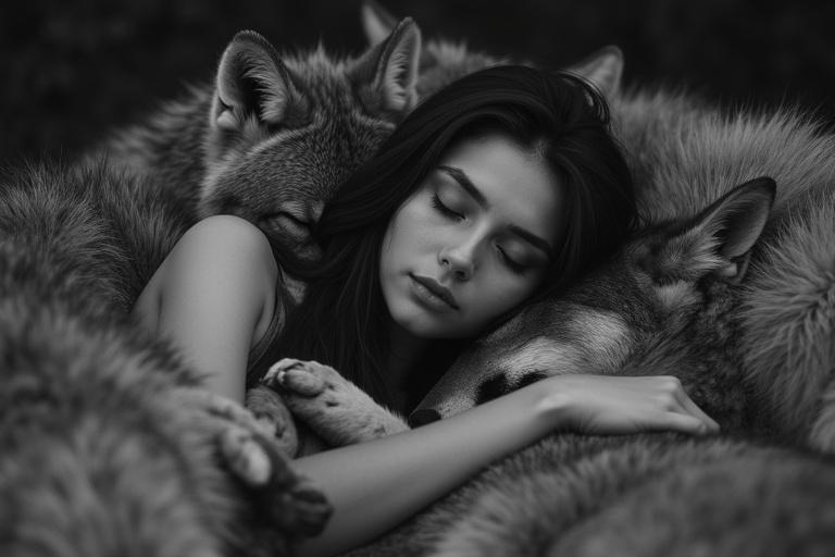 Black and white image of a woman asleep surrounded by wolves. The scene is intimate with rich texture. It conveys safety and the connection between humans and animals.