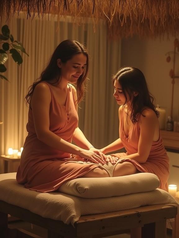 Two women in light dresses seated on a massage table. Serenity fills the room illuminated by soft ambient lights. The scene portrays a massage session showing connection and care.