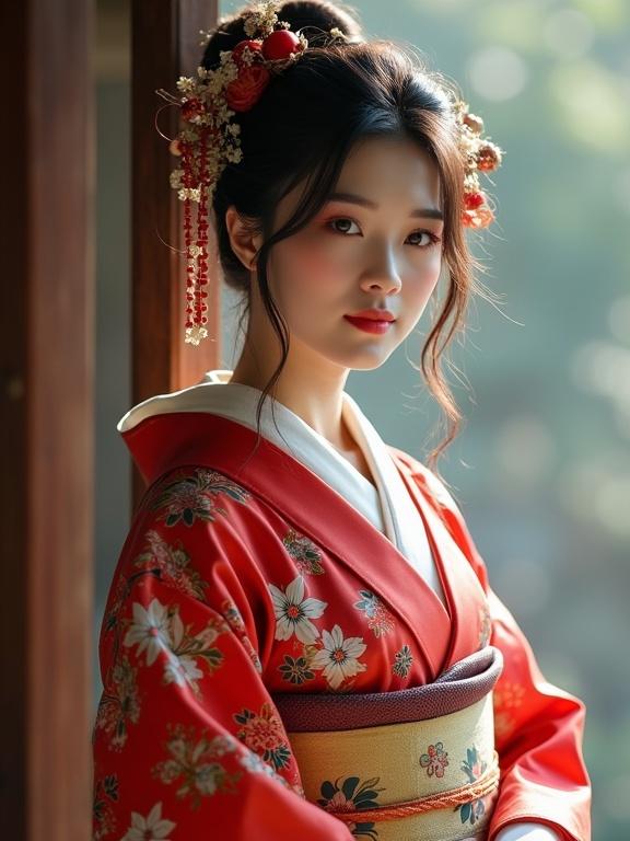 Portrait of a beautiful woman wearing a traditional red kimono with floral patterns. Soft focus background. Natural light highlighting her features.