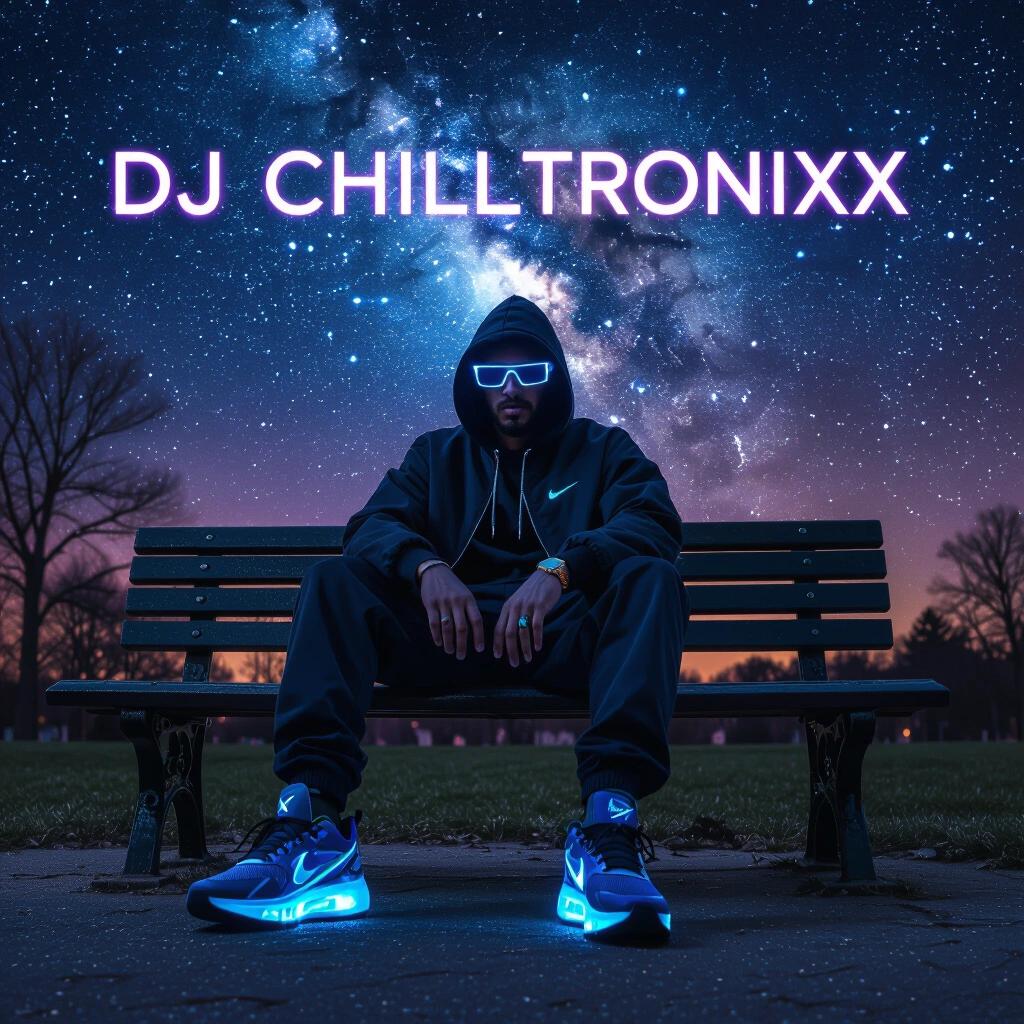Raw photo at night showcasing a stylish person in Puma clothing. Dark neon Nike Air Max 2026 runners are illuminated. The individual wears sunglasses. Sitting on a park bench under a starry dark nebula sky. Features artistic text DJ Chilltronixx.