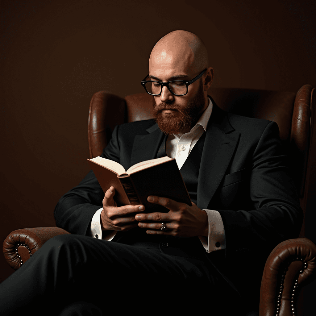 A bearded man in a suit reads a book while seated in a leather chair.